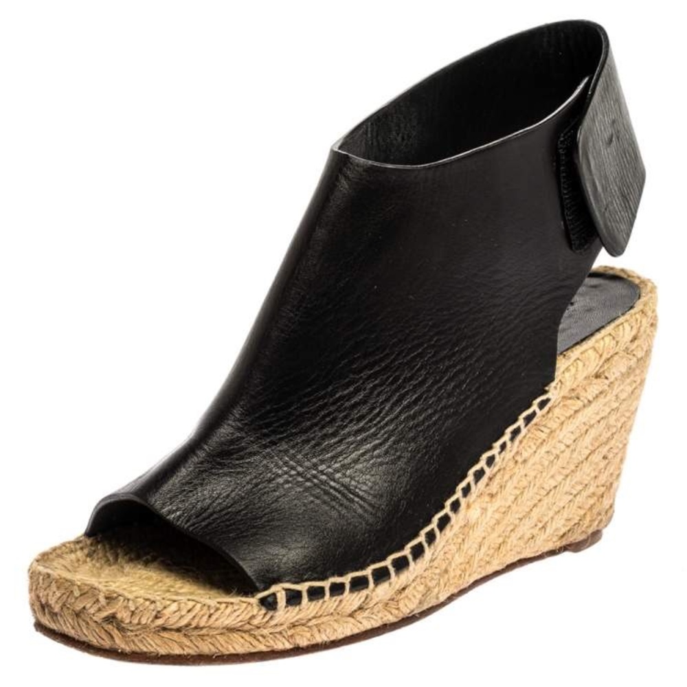 Celine Black Leather Open Toe Espadrilles Wedge Sandals Size 38 - Picture 3 of 5